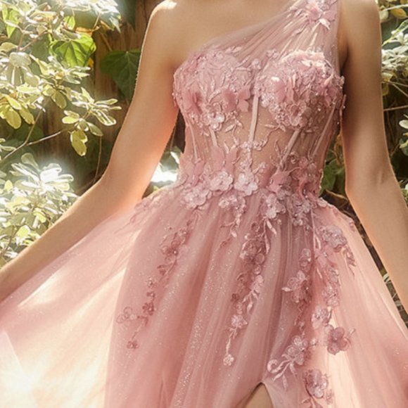 NEW LONG ONE SHOULDER LACE APPLIQUE A-LINE TULLE DRESS WITH ZIPPER BACK AL A1140 - Picture 9 of 9